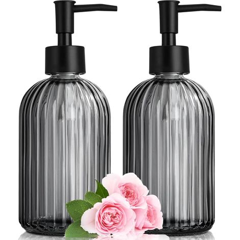Ensemble de 2 distributeurs de savon en verre, distributeur rechargeable de 400 ml avec pompe en plastique noir, distributeur moderne pour savon liquide pour lave-vaisselle, savon pour les (1/5)