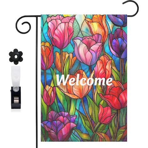 Drapeau vertical style vitrail et tulipes printanières 30 x 45 cm décoration saisonnière cour (1/5)
