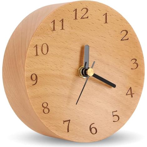 Horloge de bureau analogique en bois, horloge de bureau décorative ronde de 12 cm (4,7 pouces), horloge de bureau et d'étagère moderne, silencieuse, sans tic-tac, fonctionne sur piles (1/5)