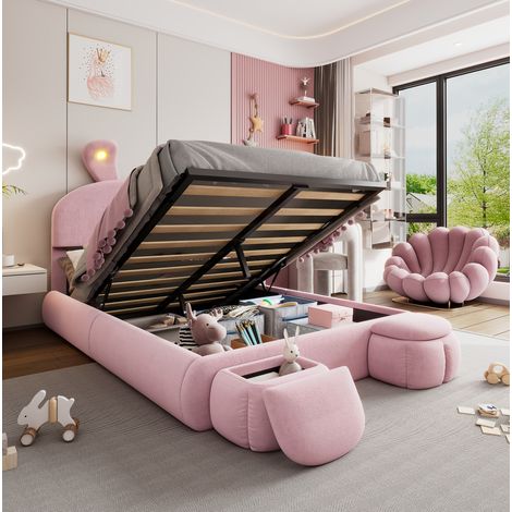 lit adulte 140 x 200 cm en velours rose avec rangement hydraulique et tête de lit lumineuse (1/5)