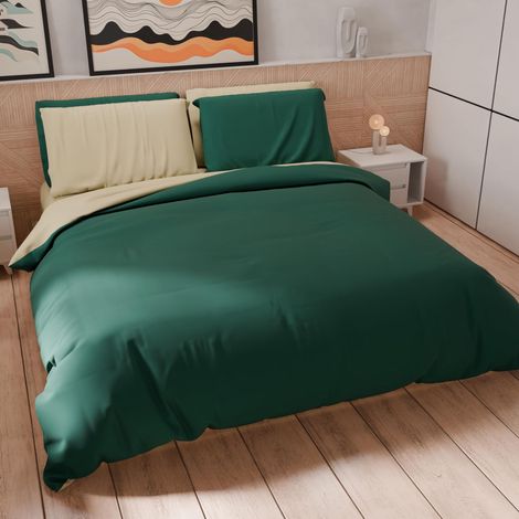 Parure de lit 2 Places 260 x 240 cm 2 taies d'oreiller 50 x 80 cm incluses, Housse de Couette Douce Microfibre Couleur Unie Taupe - Vert émeraude (1/5)