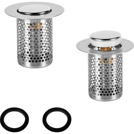 Lot de 2 tamis d'évier acier inoxydable 33x80 mm - Design Push-in - Anti-bouchons - Filtre anti-odeurs 33-55 mm - Cuisine, salle de bain, balcon