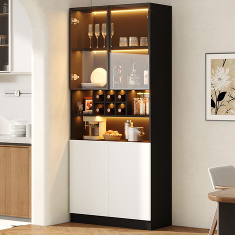 Vitrina con LED de cristal templado 80 x 30 x 180 cm, 2 puertas, botellero para 6 botellas, estantes abiertos y almacenaje para salón o comedor – CHICFURN (1/5)