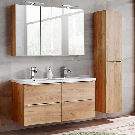 Doppelwaschtisch und Hängesäule 120cm April mit 4 Schubladen, Holzoptik (1/5)
