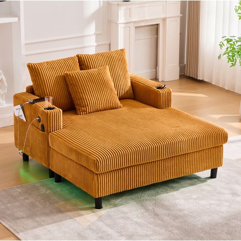 Poltrona chaise longue in corduroy giallo senape 142 x 128 x 85 cm con LED, USB e portabicchieri (1/5)