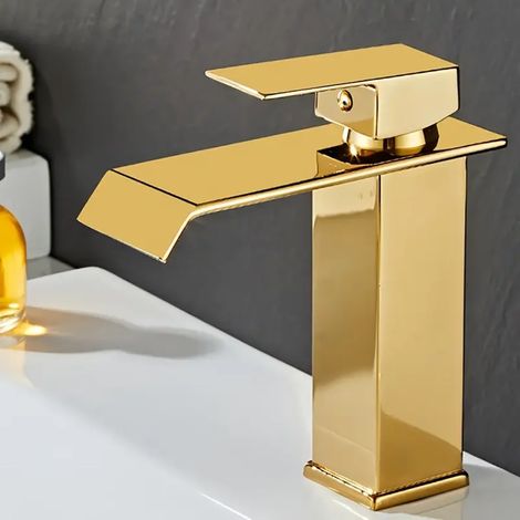 (Golden-G1/2) Robinet de lavabo de salle de bain de luxe style cascade - Acier inoxydable 304, mitigeur eau chaude/froide avec finition chromée, (1/5)