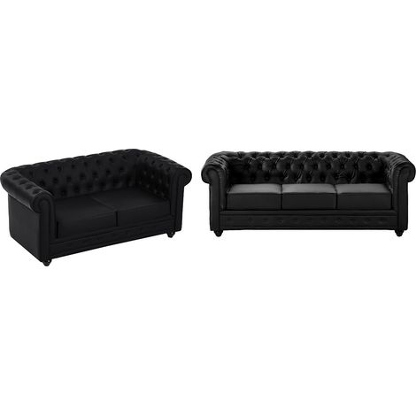 Divano 3 e 2 posti in Similpelle Nero - CHESTERFIELD