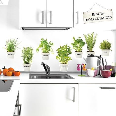 Sticker décoratif, 7 pots blancs d'herbes aromatiques pancarte, dans le jardin, 68 cm X 48 cm (1/3)