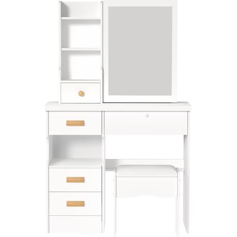 Coiffeuse avec 5 tiroirs et 6 étagères, miroir coulissant, blanc, 80x40x135 cm. (1/5)