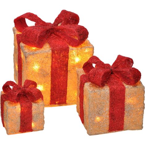 LED Geschenkboxen mit Timer 3er Set - ROT - Weihnachts Deko Boxen warm weiß beleuchtet Batterie betrieben mit Timer