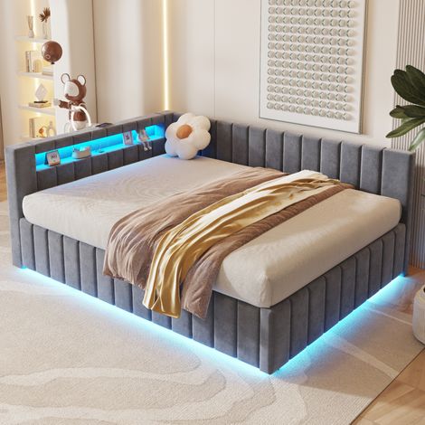 Cama doble tapizada con almacenamiento LED gris OKMYHOME (1/5)