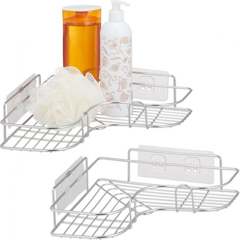 Relaxdays 2x Shower Corner Rack, Adhesive Bathroom Basket, Stainless Steel, Shampoo Shelf, HWD: 7x26.5x26.5cm, Silver (1/5)