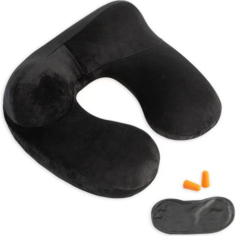 Oreiller de voyage gonflable -Support de nuque en velours doux pour les voyages, les avions, les trains, les voitures et les bureaux, housse respirante et lavable, idéal pour les adultes (noir) (1/5)