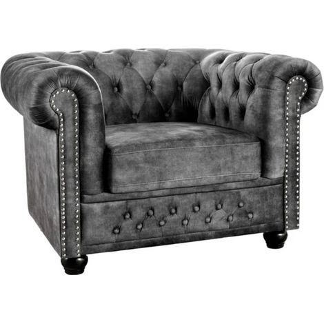 Fauteuil EDGAR Chesterfield en velours capitonné – Gris clair – 109 x 72 x 86 cm (1/5)