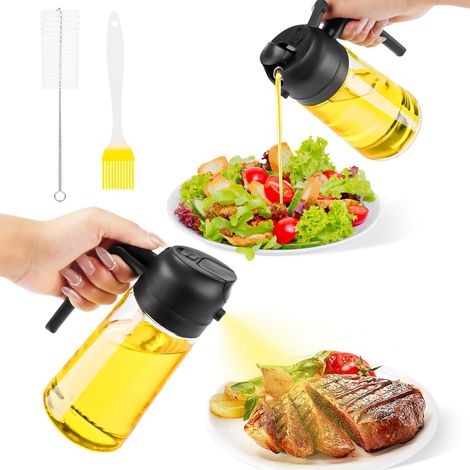 2 en 1 Pulvérisateur d'huile, 470 ML Pulverisateur Huile Cuisine, Spray Huile d'olive, Spray d'huile Renforcé, Bouteille Huile pour Cuisiner, la pâtisserie, le barbecue et la salade (Noir) (1/5)