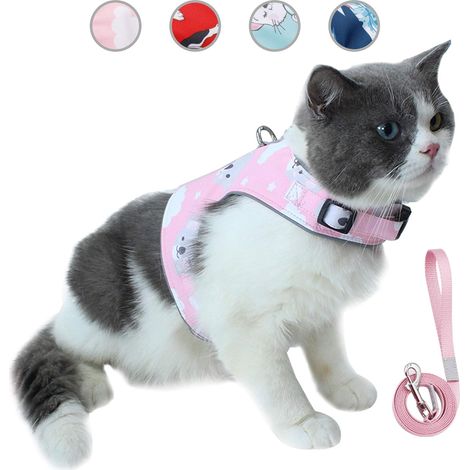 Anti-Flucht-Katzenleinen- und Geschirr-Set, verstellbare, atmungsaktive, reflektierende Haustierweste aus weichem Netz mit innovativer Anti-Verlust-Karte (XS, Pink)