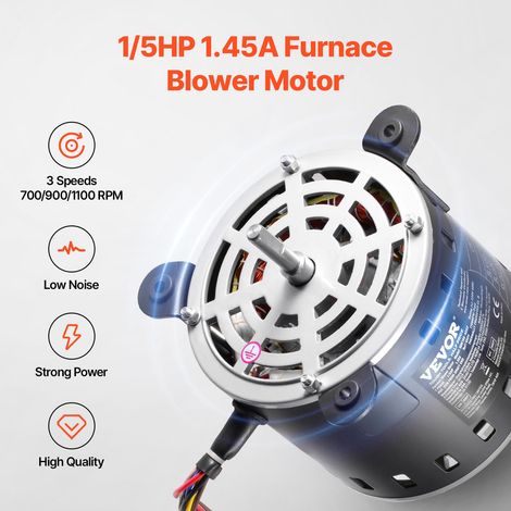 Moteur Ventilateur Four, 1/5 CV, 1,45 A, 3 Vitesses 1100/900/700 tr/min, Diamètre d'Arbre 10 mm, Longueur d'Arbre 20 mm, ROT CCW à Partir de l'Extrémité de l'Arbre, Condensateur CBB60 8 μF/450 V (1/5)
