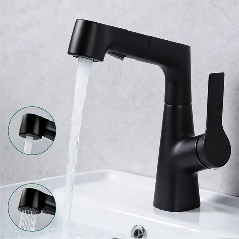 Grifo de baño con rociador extraíble, Ultrixe, 2 modos de rociado, diseño elevable, apto para lavabos, agua fría y caliente, grifo mezclador negro para lavabo
