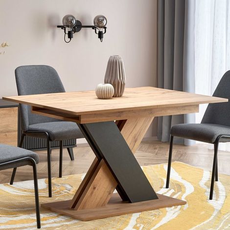 Table de salle à manger extensible avec pied central bicolore et plateau aspect chêne APODIS (1/5)