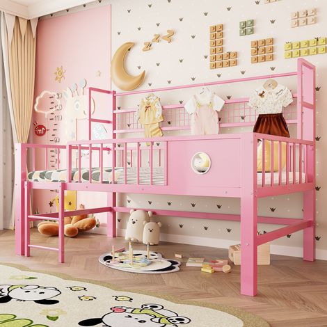 Lit rangement chambre 90x200 métal rose avec barre haute HAVRYA (1/5)