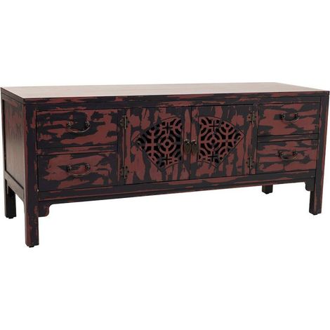 buffet bas en bois noir et rouge style antique élégant - noir vieilli effet rouge antique (1/5)