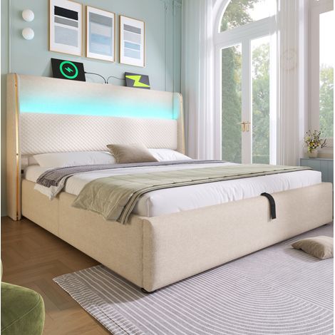 Lit double 160/200 cm beige en tissu aspect lin à rangement hydraulique et tête haute lumineuse (1/5)