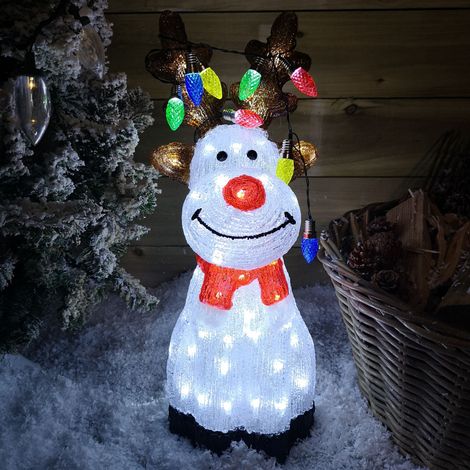 50cm Outdoor Acrylic Sitting Ice White Christmas Reindeer with Multi Coloured LED Lights on Antlers (1/5)