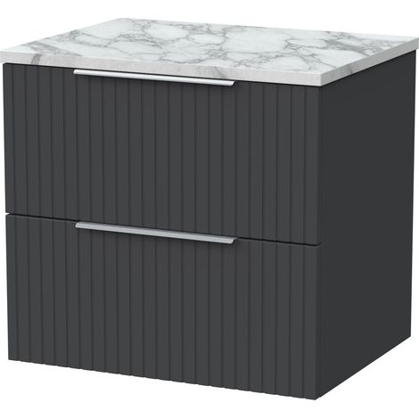 Callingwood Contemporary Wall Hung 2 Drawer Vanity Unit with Carrera Marble Laminate Worktop , 600mm, Dark Grey