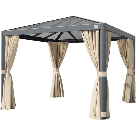 PRIMEYARD Gazebo da Giardino 3x3 m Tetto Hardtop in Policarbonato con 4 Teli Laterali in Crema (1/5)