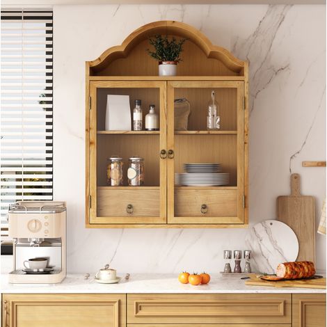 Armario de pared (60x22x76.5 cm), con parte superior curvada, estantes regulables, cajones, madera maciza y vidrio templado natural (1/5)
