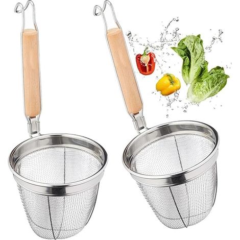 Passoire à pâtes en acier inoxydable - 2 pièces - Panier de service multifonction - Passoire de cuisine - Avec poignée en bois - Panier à pâtes - Cuillère chinoise (1/5)