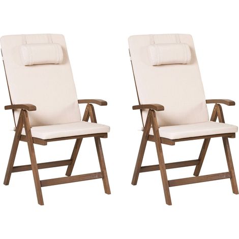 Lot de 2 Chaises de Jardin Rustique en Bois d'Acacia Pliables et Réglables avec Accoudoirs et Coussins Beige Clair Amantea Premium