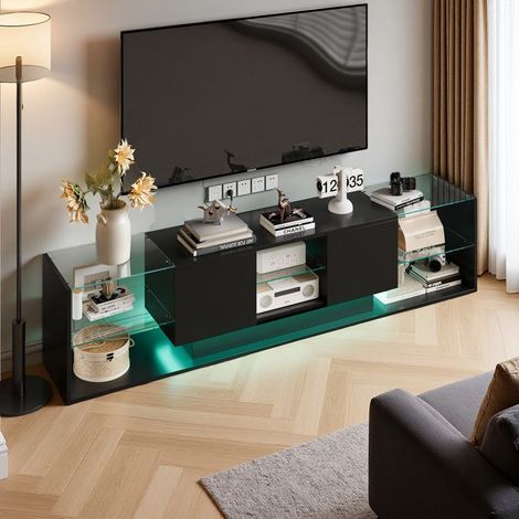Mobile TV 200 cm, LED RGB, 2 cassetti, senza maniglia, Vetro temperato e legno, Soggiorno, 200 x 35 x 45 cm, Nero