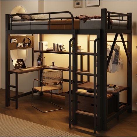 Lit mezzanine 90x200 cm noir en métal et MDF avec bureau, rangements, LED et ports USB (1/5)