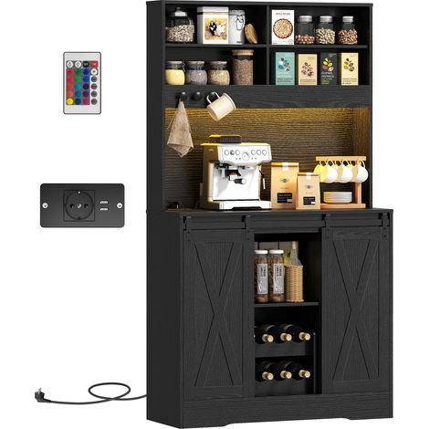 Credenza da Cucina Alta Stile Rustico con 2 Armadietti, Portabottiglie, Prese di Ricarica e Luci LED, Nero
