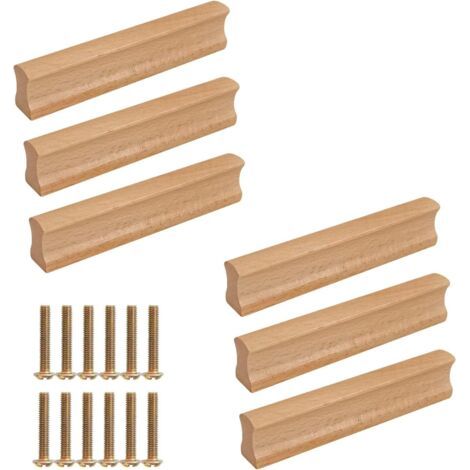 Lot de 6 poignées de meubles en bois 160 mm, poignées de porte de cuisine en bois avec vis, pour armoires, salles de bains, bureaux, cuisines, meubles, etc. (160 mm) (1/5)