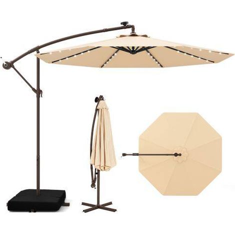 300cm Hanging Offset Umbrella with 40 LED Lights Solar Panel Batteries-Beige (1/5)