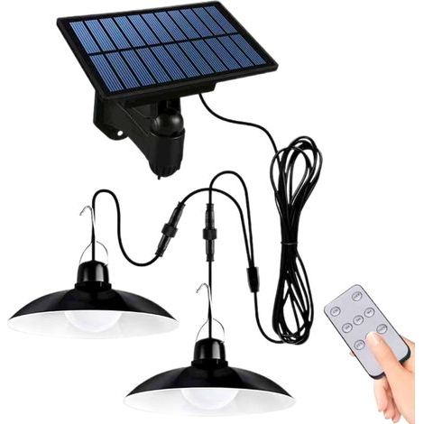 Lampes suspendues solaires – Lumière blanche – pour abri de jardin, tonnelle avec télécommande, lustre étanche pour maison, grange, porche, jardin, terrasse (double lampe) (1/5)
