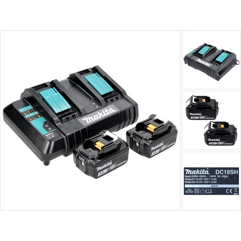 Kit di alimentazione Makita 18 V con 2x batteria BL 1830 B 3,0 Ah ( 197599-5 ) + caricabatterie doppio DC 18 SH ( 199687-4 )