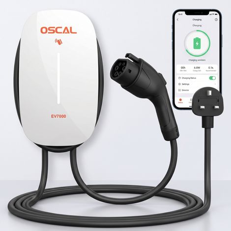 OSCAL EV7000 Wallbox 7KW, Chargeur Voiture Électrique Mural, IEC62196, 32A, IP65, Câble 5m, App Contrôle, Blanc