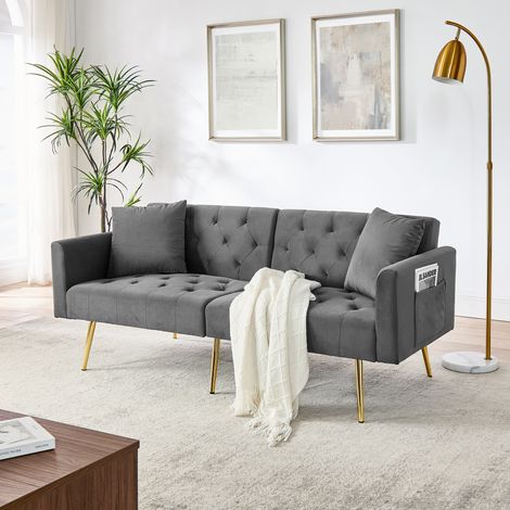 Sofá de 2 plazas en tela Teddy, respaldo regulable en 3 posiciones, 2 cojines incluidos, patas de metal dorado - gris oscuro (1/5)