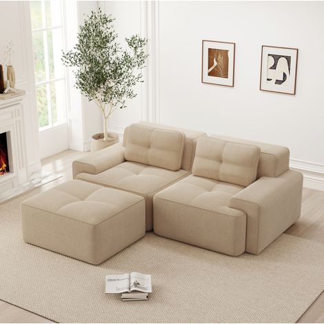 Divano angolare modulare a L in velluto a coste beige, seduta profonda, con ottomana, OKWISH (1/5)