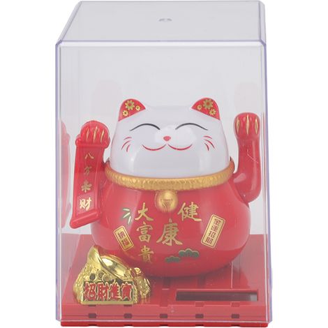 Chat rouge dodu agitant la main, alimenté à l'énergie solaire, porte-bonheur et symbole de richesse, décoration pour la maison, le bureau ou un bureau (grand format). (1/5)