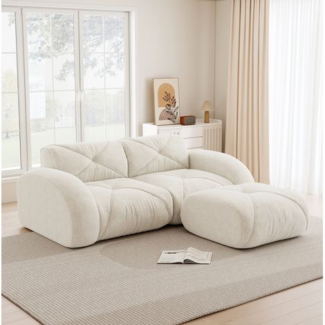 Divano modulare 2 posti con pouf, schiuma 32D, ciniglia, bianco, REDOM (1/5)