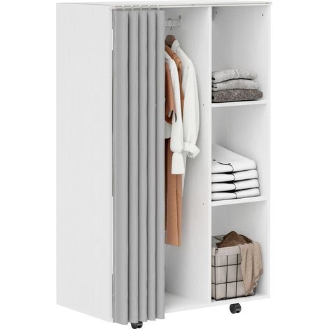 Pour Vos Tenues Armoire Penderie Mobile Dressing Chambre avec 4 Roulettes Fluides 3 Compartiments et Rideaux Blanc (1/5)