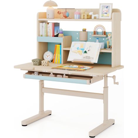Bureau d'Étude pour Enfants avec Bibliothèque et Tiroir, Table Réglable en Hauteur avec Plateau Inclinable, Support de Livre et Porte-stylo, Bleu (1/5)