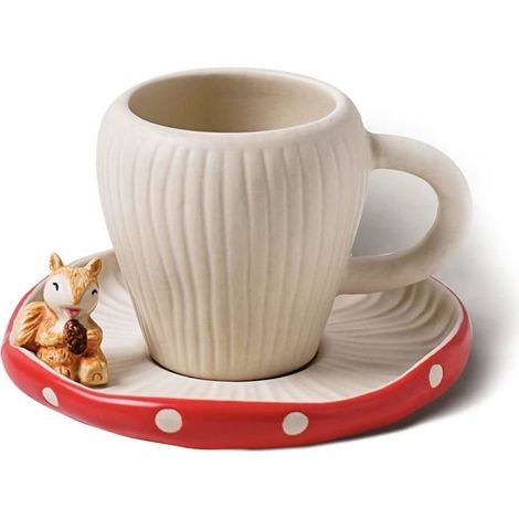 BelleRise - Mug champignon mignon avec soucoupe écureuil, émail à pois fait main, tasse à lait en céramique mate de sécurité, 300 ml