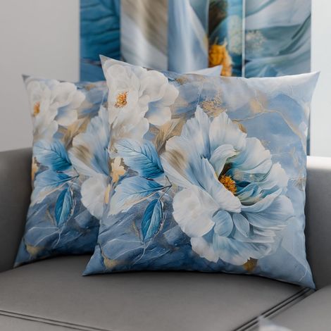Lot de 2 Taies d'Oreillers 40x40 cm 100% Microfibre Hypoallergénique, Housse Oreiller Rectangulaire Motif Floral Bleu Ciel, Paquet de 2 (1/3)