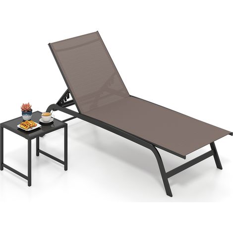 Chaise Longue avec Roulettes et Table d'Appoint, Bain de Soleil Inclinable avec Dossier Réglable à 6 Niveaux, Plateau Verre Trempé, Charge 150kg, Brun (1/5)