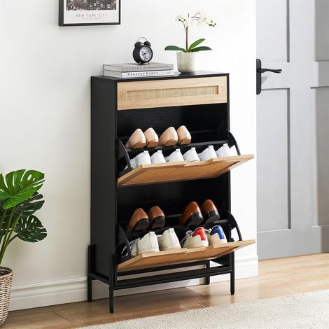 Meuble à chaussures étroit sur pied, 2 portes basculantes + 1 tiroir, façade rotin naturel, étagère réglable/amovible 3 positions, pieds en métal (1/5)
